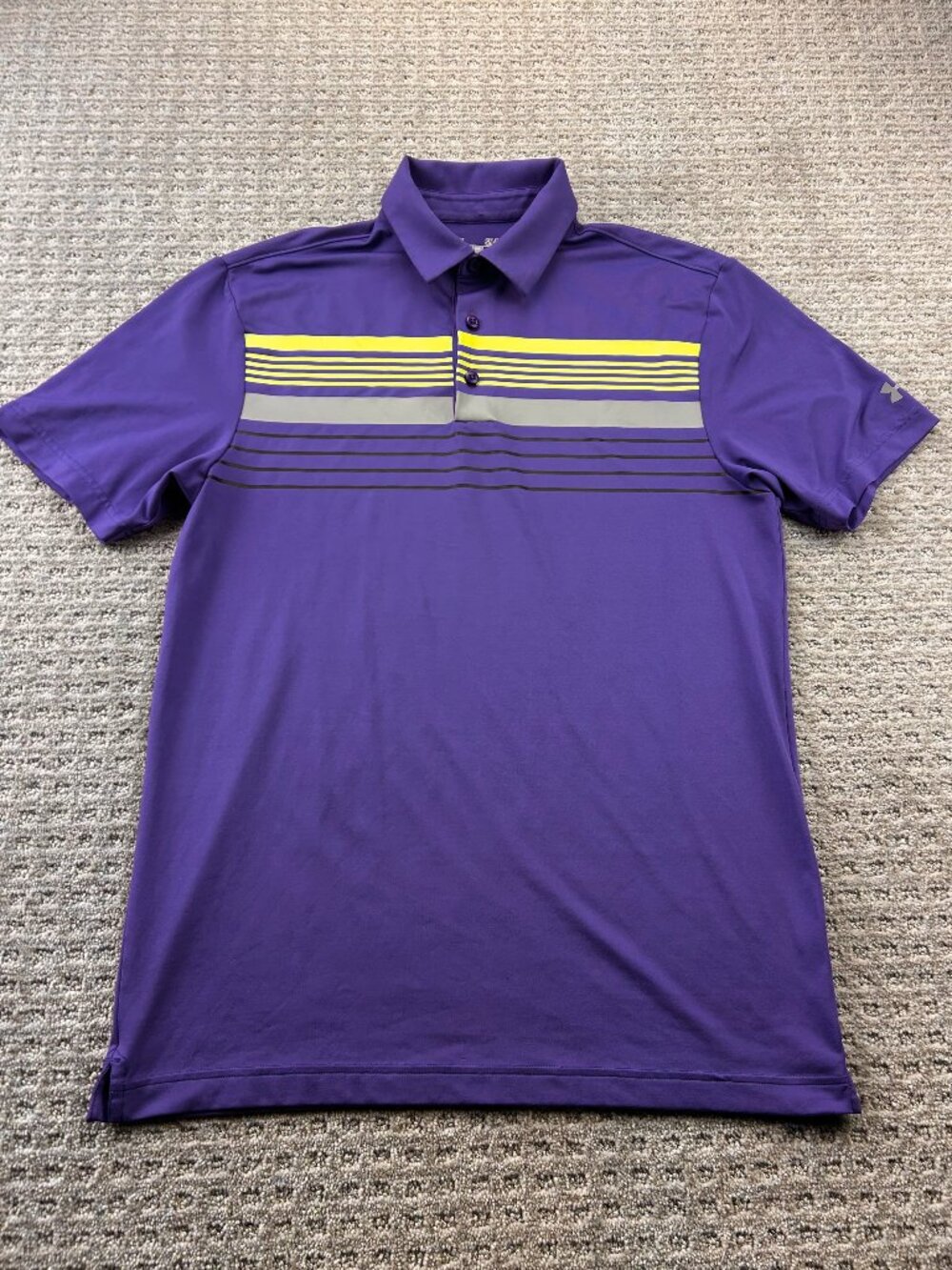 Under Armour UA Golf Shirt Men Small S Purple Yellow Stripes Loose Heatgear